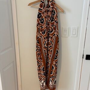 Sezane Backless Halter Jumpsuit in Rust, Black & White